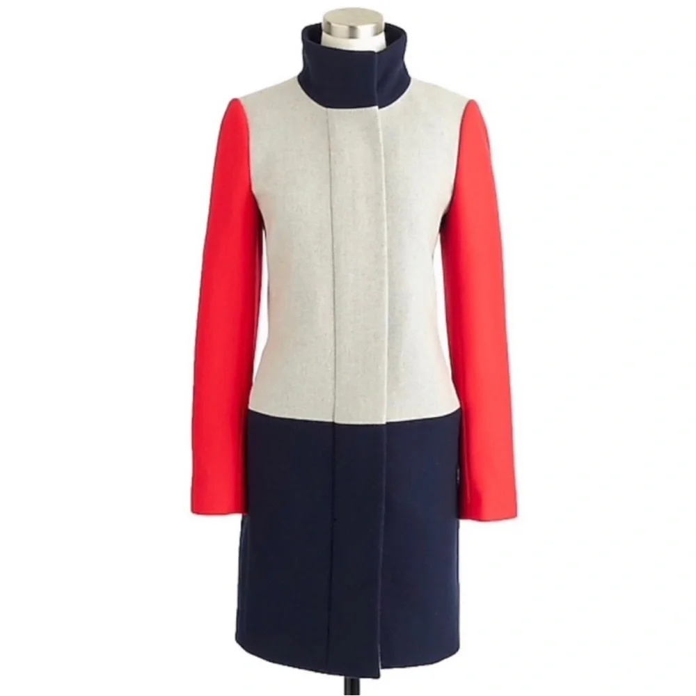 J. Crew Women's Red Colorblock Cocoon Funnelneck Wool Blend Coat - Picture 2 of 5